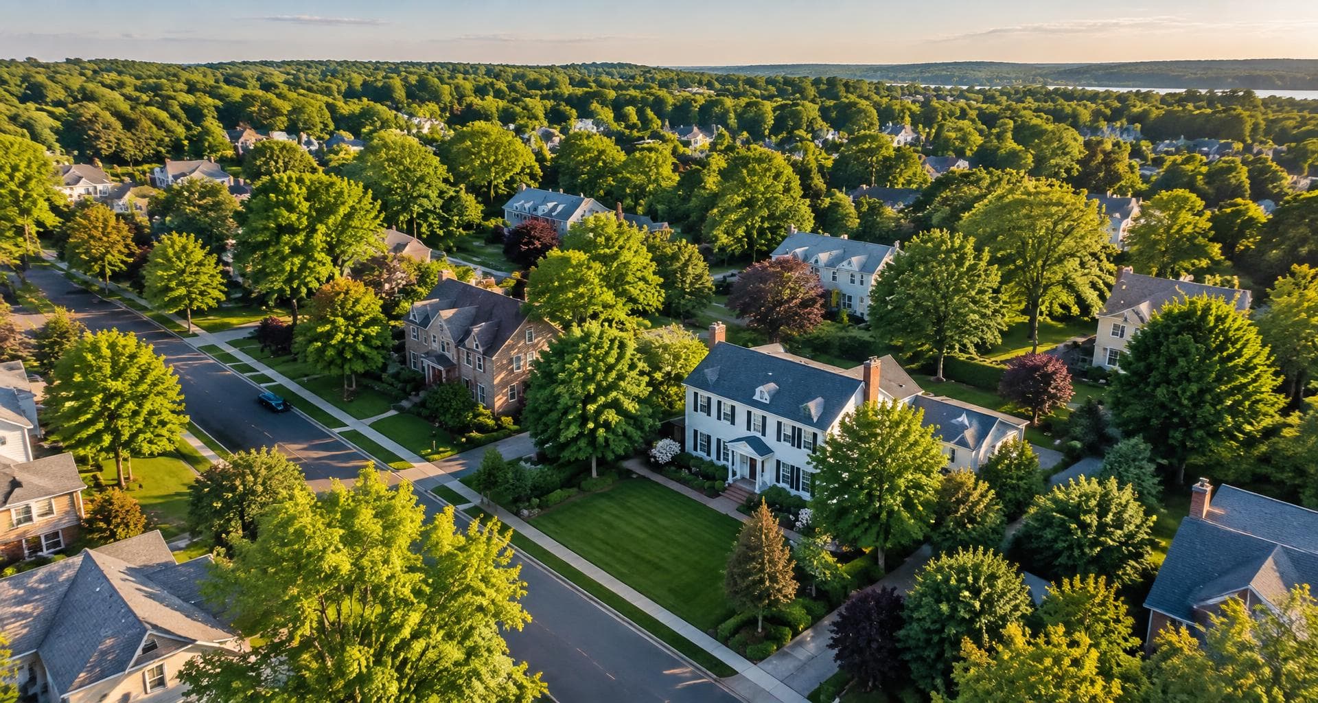 Aerial view of residential properties in a leafy New Jersey neighborhood